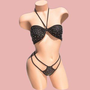 Jeweled Rhinestone Black Tube Top Two Piece G-String Bikini Set